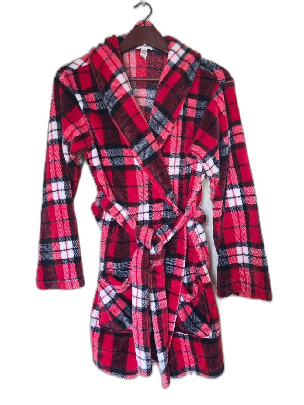 PINK Victoria's Secret XS/S Red Black Plaid Plush Fleece Robe Cozy Soft Pockets